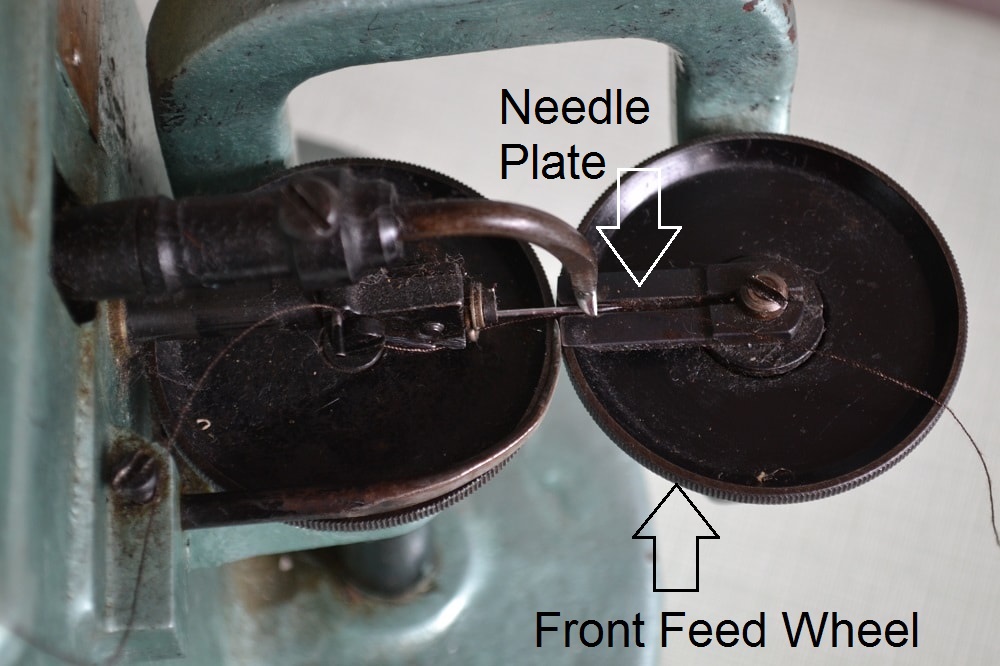 Wheels, needle plate and needle bar
